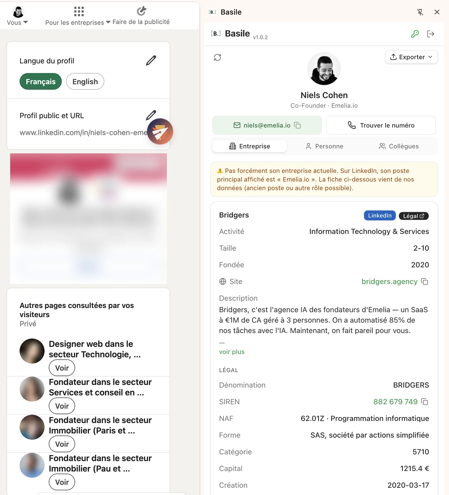 Le panneau de l'extension Basile ouvert à droite d'un profil LinkedIn : email trouvé et fiche légale de l'entreprise
