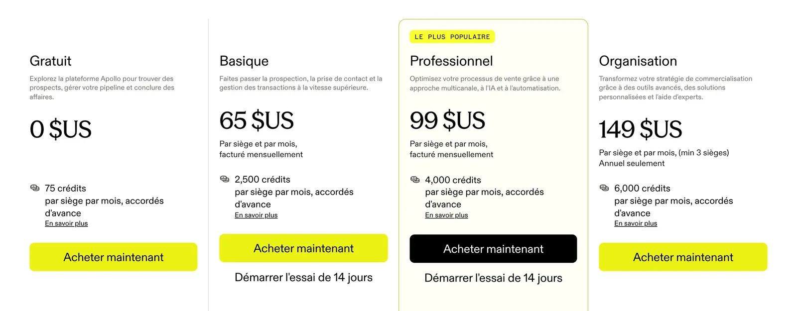 Les offres d'Apollo en paiement mensuel, le 4 octobre 2026 : 65 $ par siège en Basique, 99 $ en Professionnel, et des crédits accordés d'avance chaque mois.