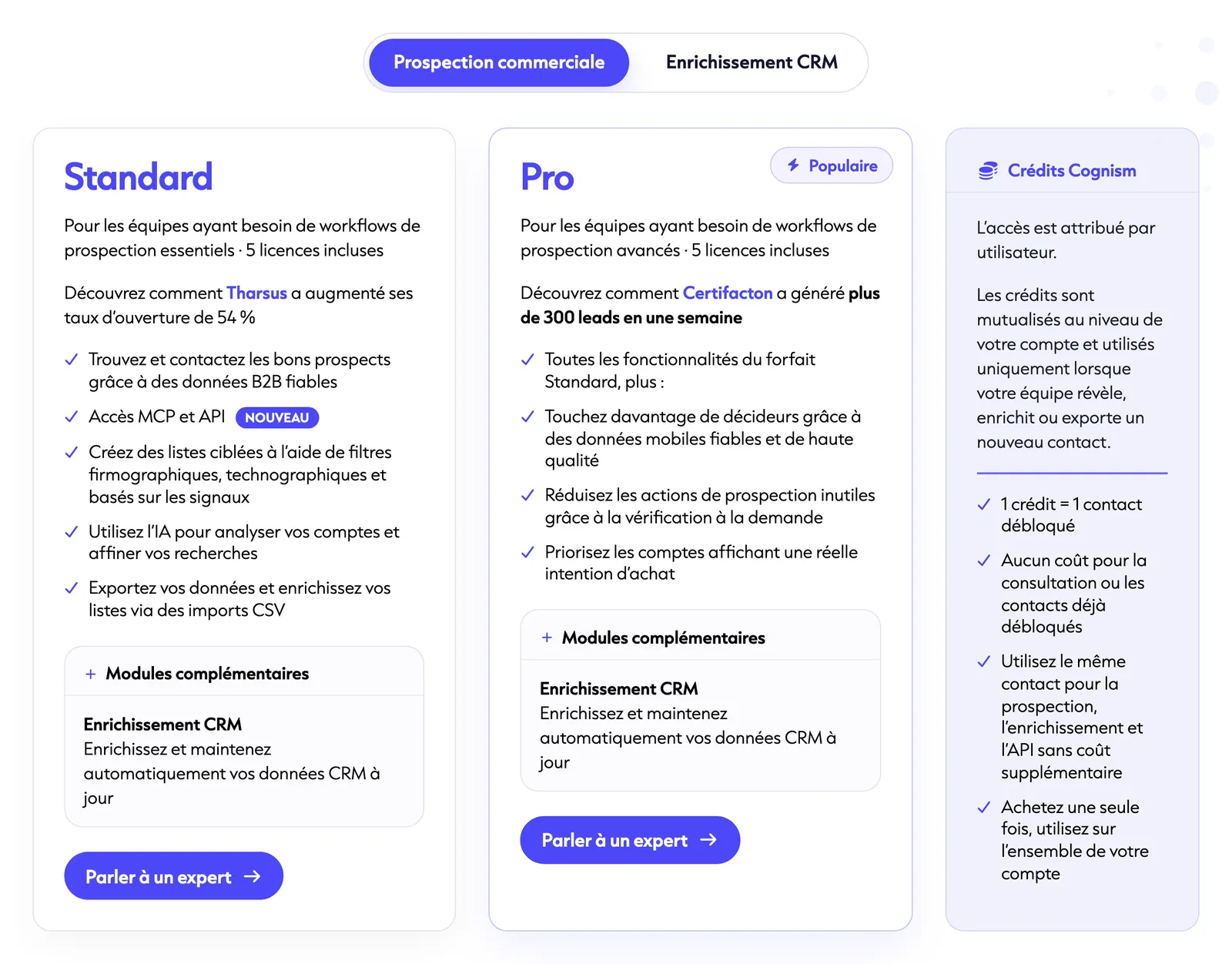 La page tarifs de Cognism, le 4 octobre 2026 : les formules Standard et Pro, 5 licences chacune, et des crédits mutualisés, sans aucun prix.