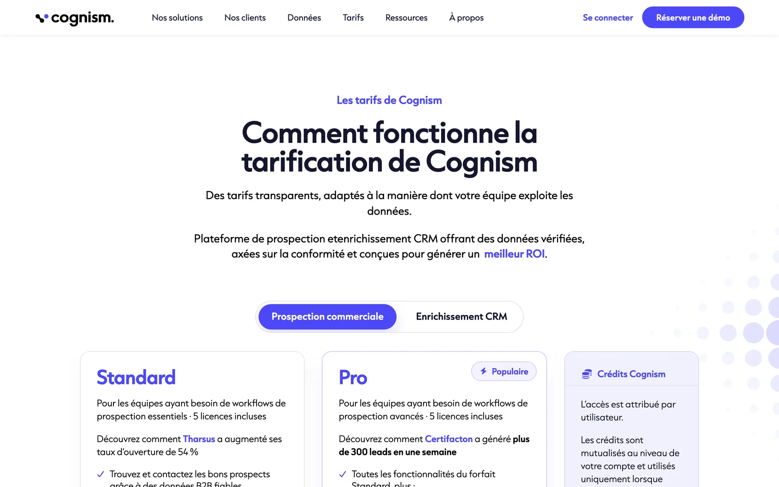 Aucun chiffre sur la page tarifs de la maison mère de Kaspr, le 4 octobre 2026 : deux formules de 5 licences, puis un rendez-vous. Les estimations : ce que coûte Cognism.