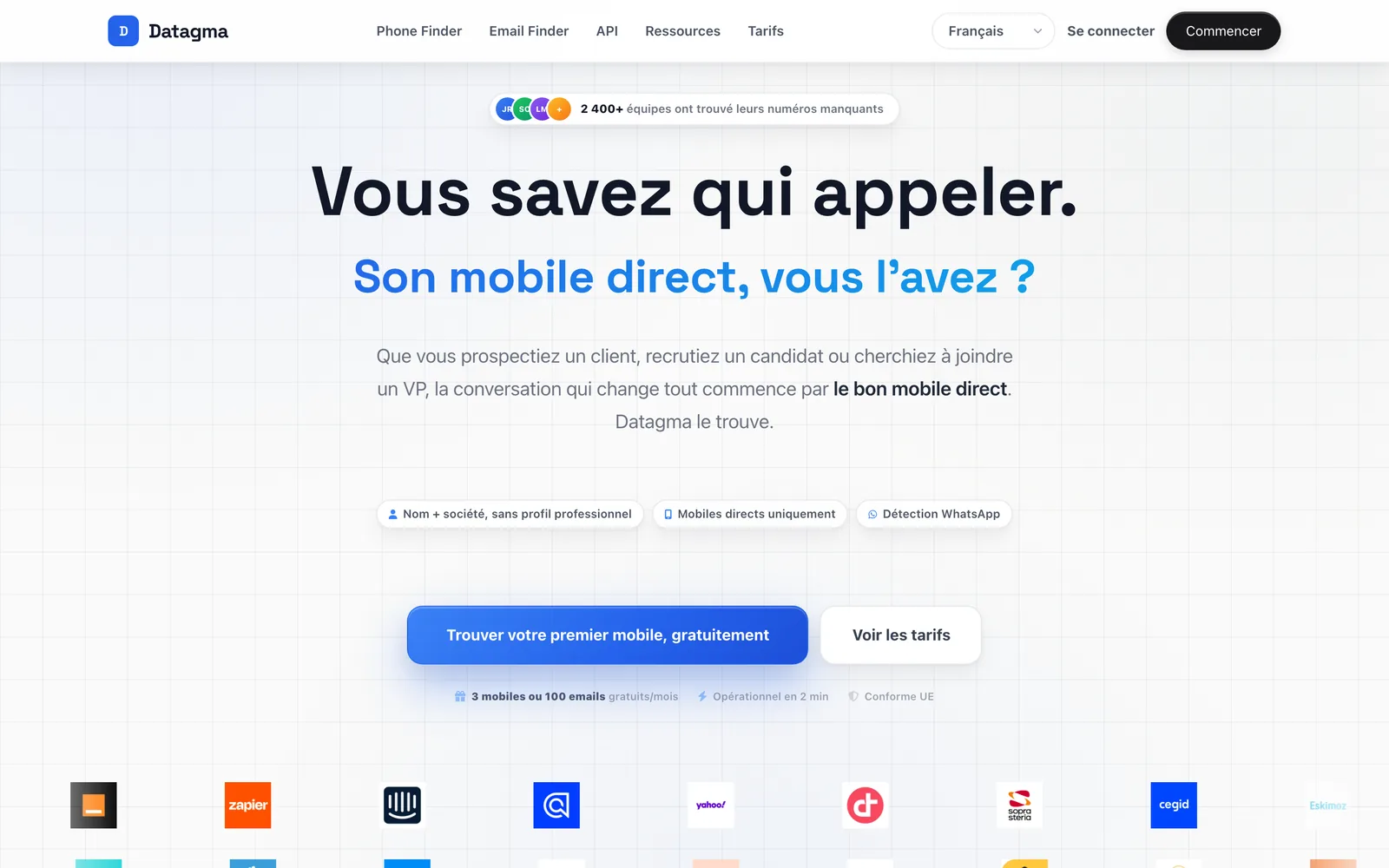 La page d'accueil de Datagma, le 4 octobre 2026 : le portable direct d'abord, cherché à partir du nom et de la société, sans profil LinkedIn.
