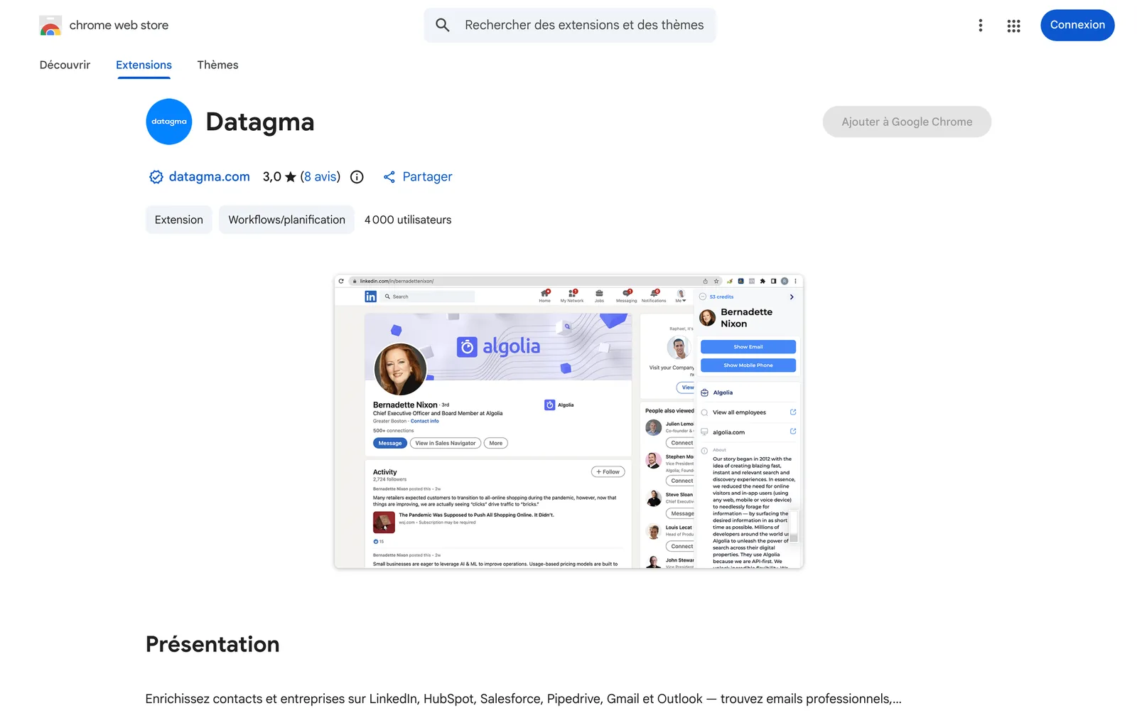 La fiche de l'extension Datagma sur le Chrome Web Store, le 4 octobre 2026 : 3,0 sur 5 pour 8 avis, 4 000 utilisateurs.