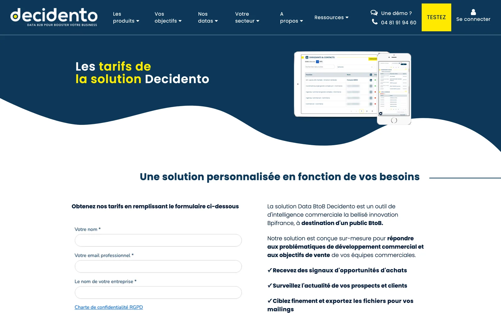 La page des tarifs de Decidento le 9 octobre 2026 : pour obtenir la grille, il faut d'abord laisser son nom, son email et son entreprise.