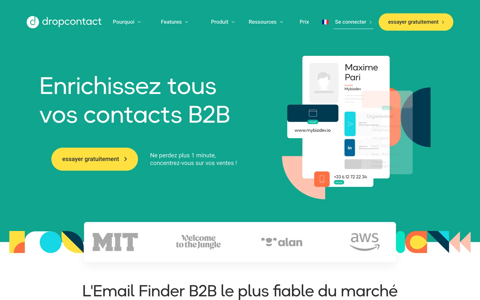 La page d'accueil de Dropcontact, le 4 octobre 2026 : l'illustration affiche un 06 « trouvé », alors que l'offre Fichiers et API ne renvoie qu'un fixe.