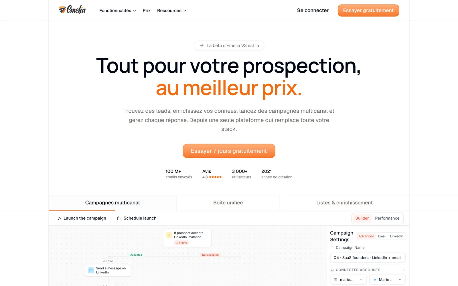 La page d'accueil d'Emelia, le 4 octobre 2026 : campagnes multicanal, listes et enrichissement, 7 jours d'essai gratuit.
