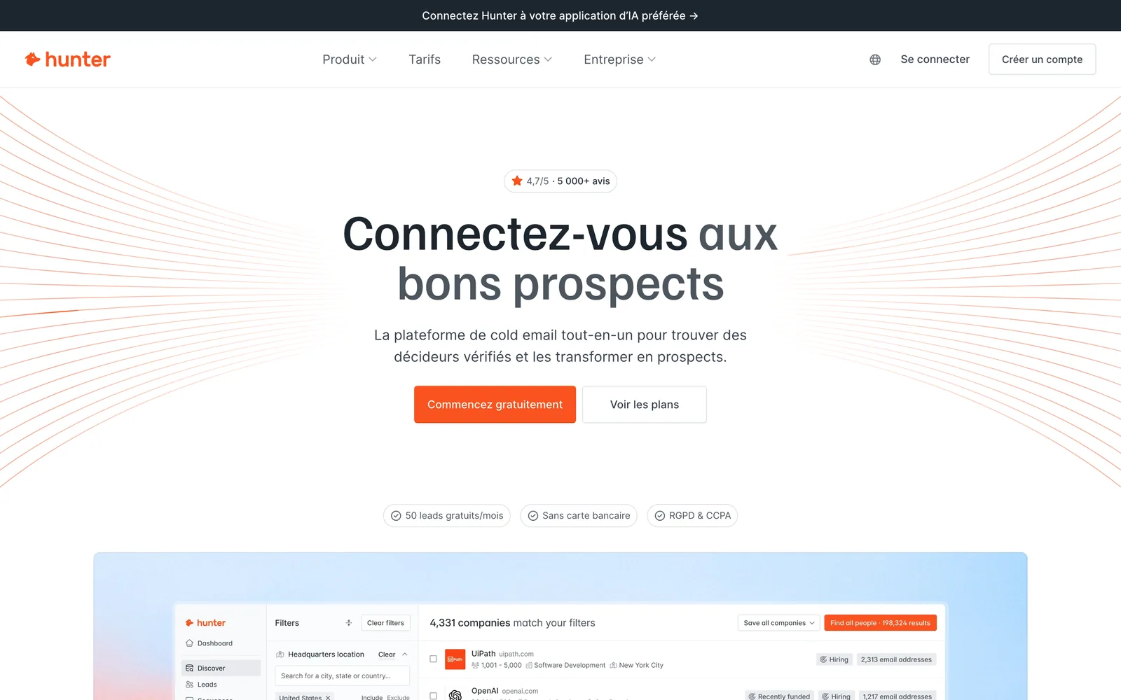 La page d'accueil de Hunter en français, le 4 octobre 2026 : « la plateforme de cold email tout-en-un », et sa recherche d'entreprises Discover en bas d'écran.