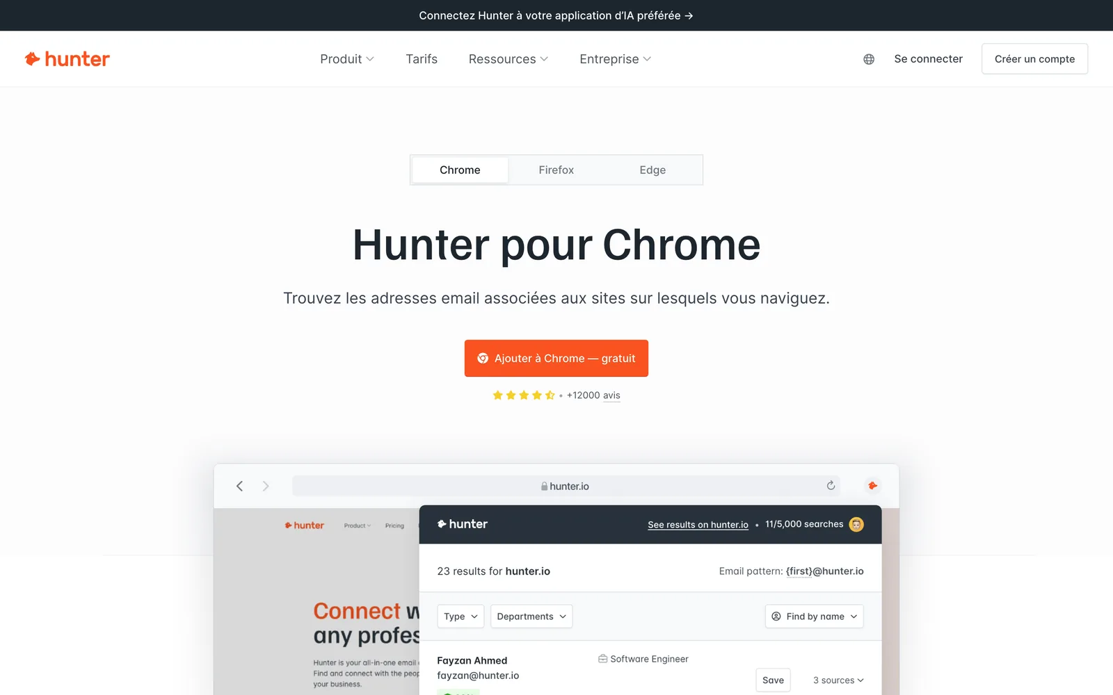 La page de l'extension Chrome de Hunter, le 4 octobre 2026 : sur le site d'une entreprise, les adresses connues et leur format.