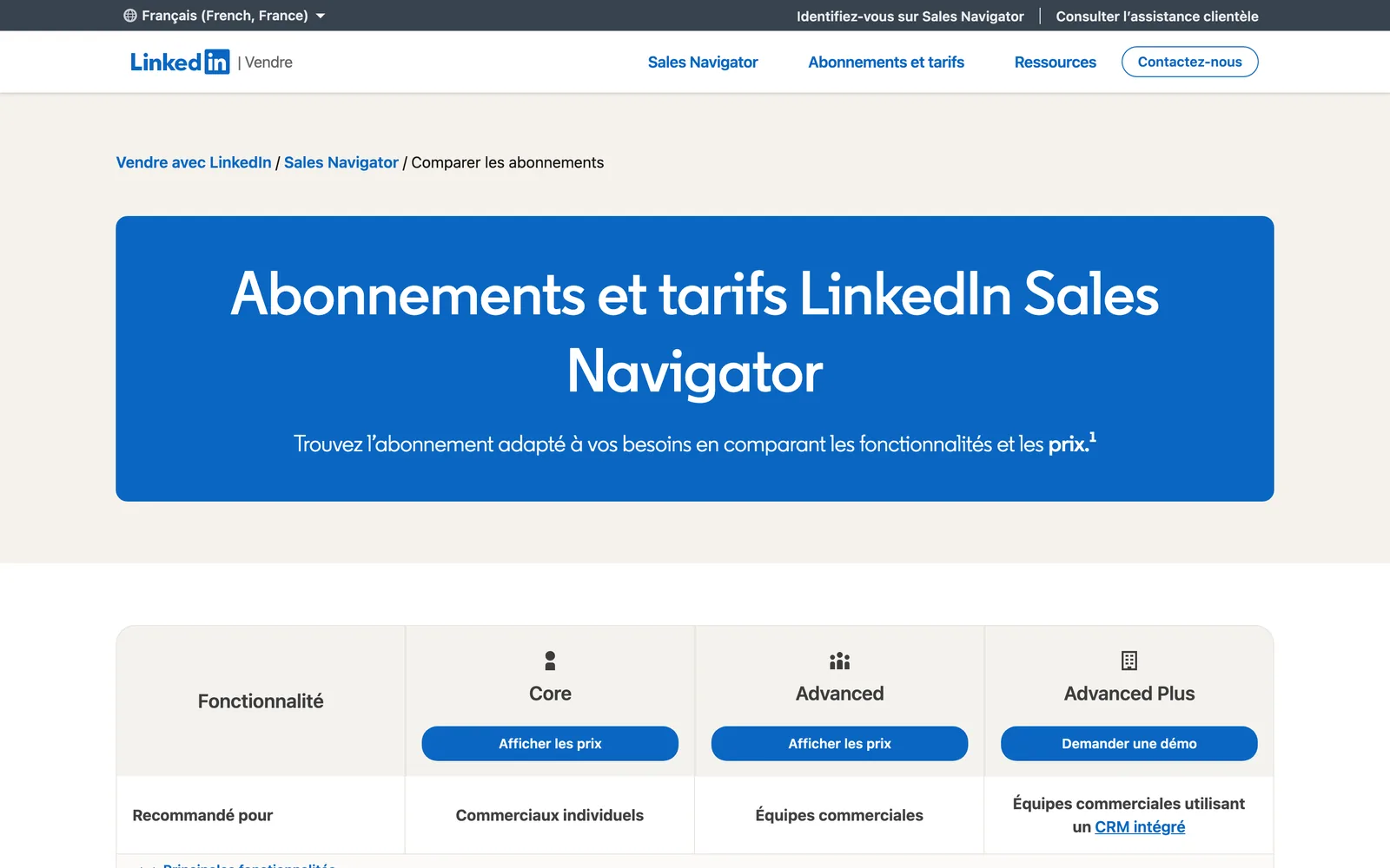 La page des offres de Sales Navigator, le 4 octobre 2026 : aucun prix dans le tableau, il faut cliquer sur « Afficher les prix » et se connecter.