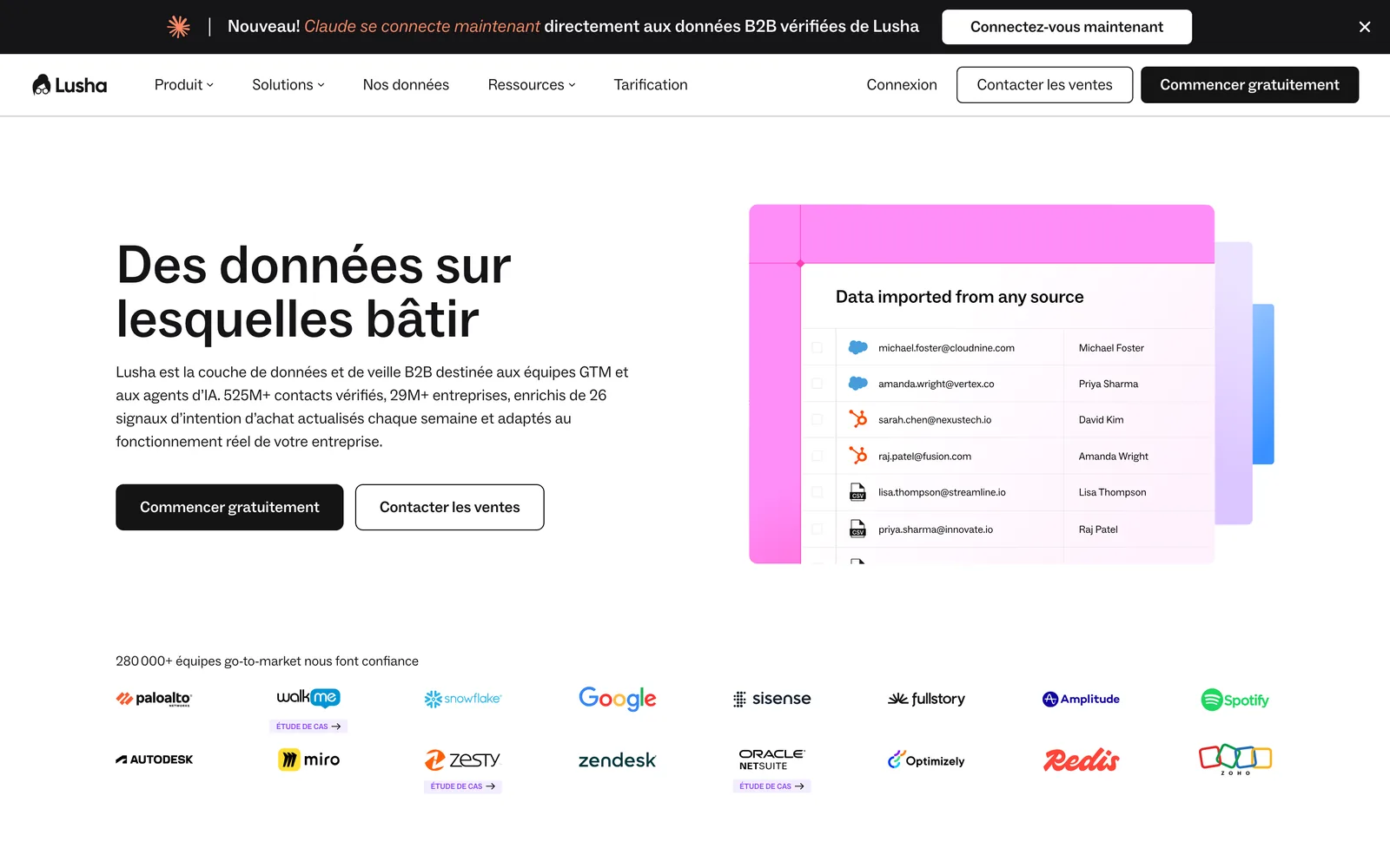 L'accueil de Lusha en français, relevé le 4 octobre 2026 : 525 millions de contacts et 29 millions d'entreprises mis en avant.
