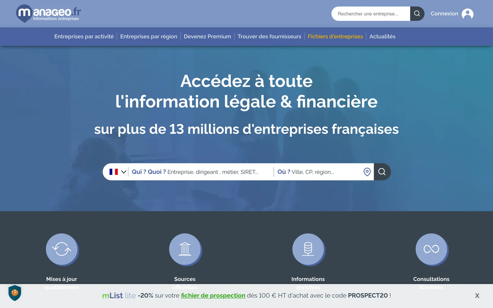 La page d'accueil de Manageo le 4 octobre 2026 : plus de 13 millions d'entreprises françaises, et le bandeau du code de -20 % sur les fichiers.