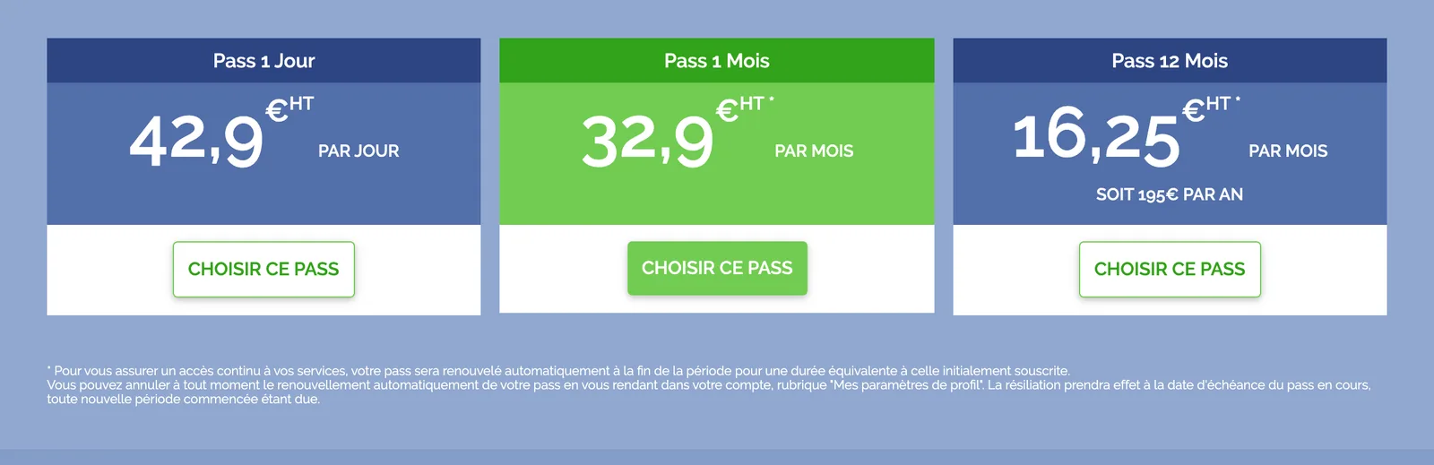 La grille du Pass Premium le 4 octobre 2026 : 42,90 € HT le jour, 32,90 € HT le mois, 195 € HT l'année, et la mention du renouvellement automatique.