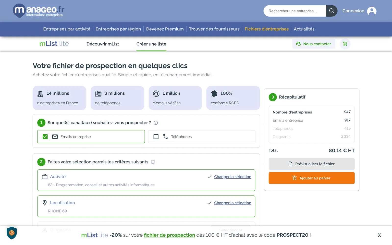 mList lite le 4 octobre 2026 : 947 entreprises informatiques du Rhône avec un email d'entreprise, pour 80,14 € HT.