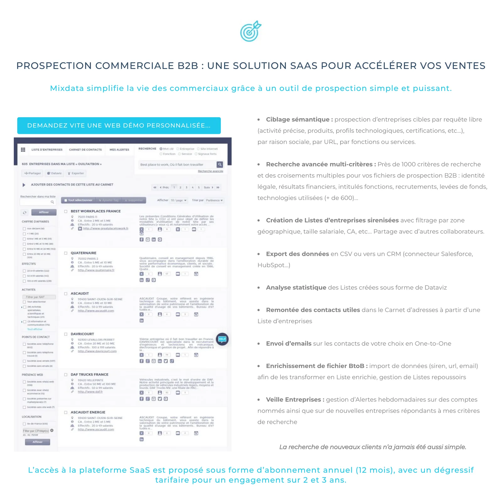L'écran de Mixdata tel que son site le montre (liste d'entreprises, filtres, contacts) et, tout en bas, la seule phrase sur le prix : un abonnement annuel, dégressif sur deux et trois ans.