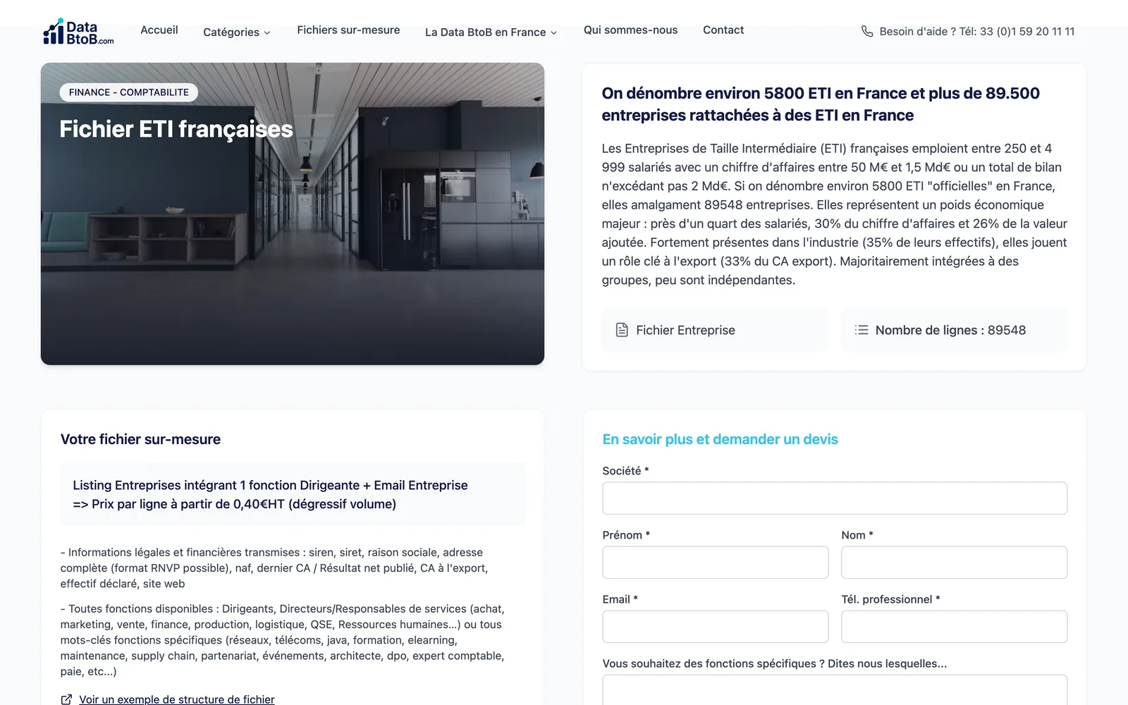 La fiche « Fichier ETI françaises » sur Databtob : 89 548 lignes, un dirigeant et l'email de l'entreprise à partir de 0,40 € HT la ligne, devis par formulaire.