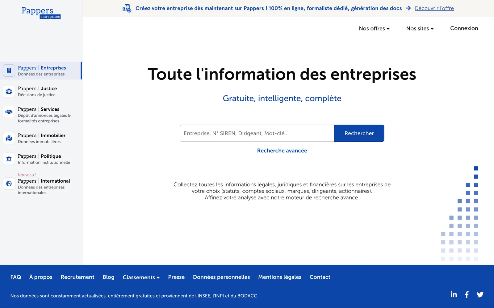 La page d'accueil de Pappers, le 4 octobre 2026 : un champ de recherche, et à gauche les autres sites de la famille.