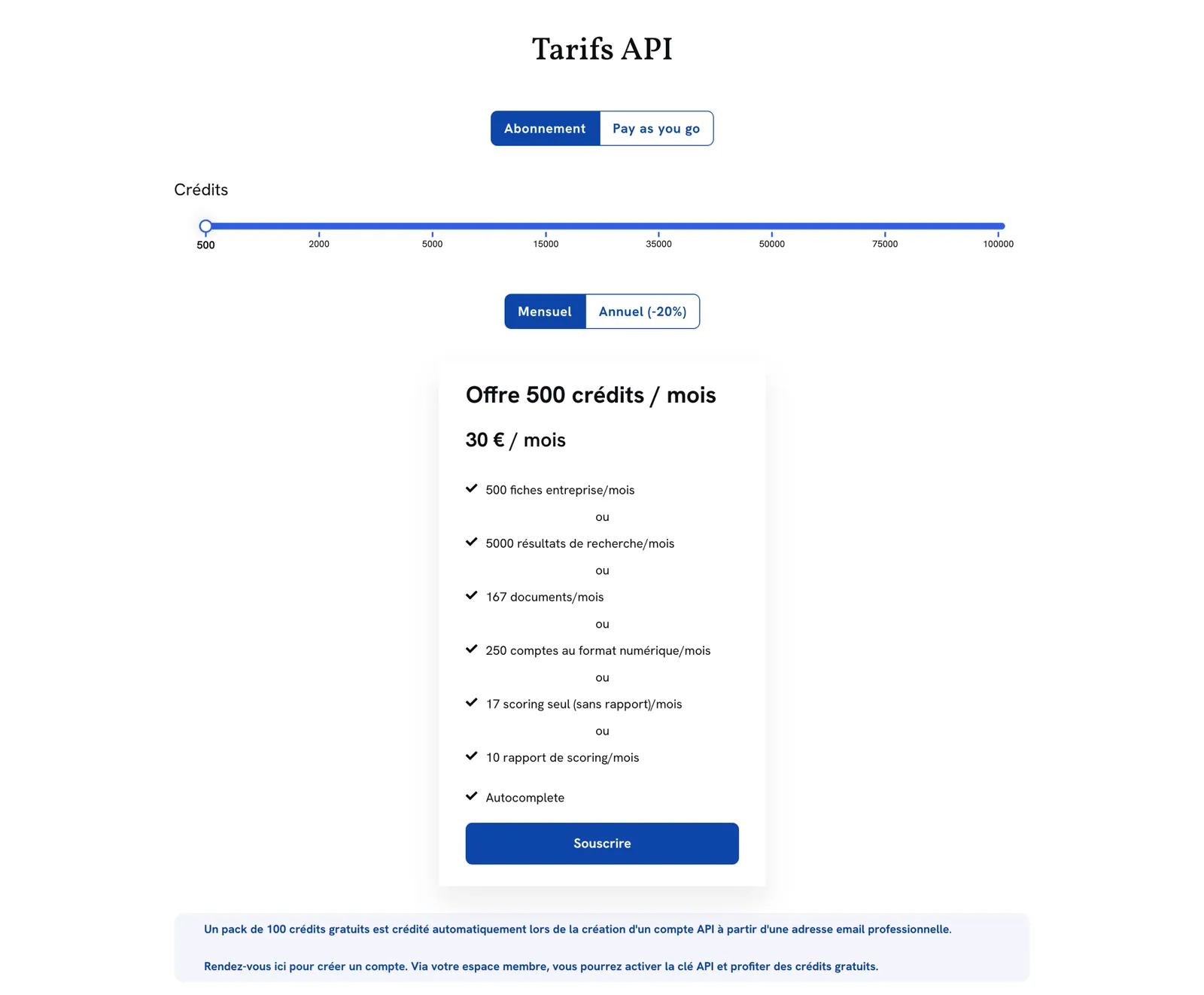 Le bloc « Tarifs API » de Pappers, le 4 octobre 2026 : 500 crédits pour 30 € par mois, 20 % de moins à l'année, 100 crédits offerts.