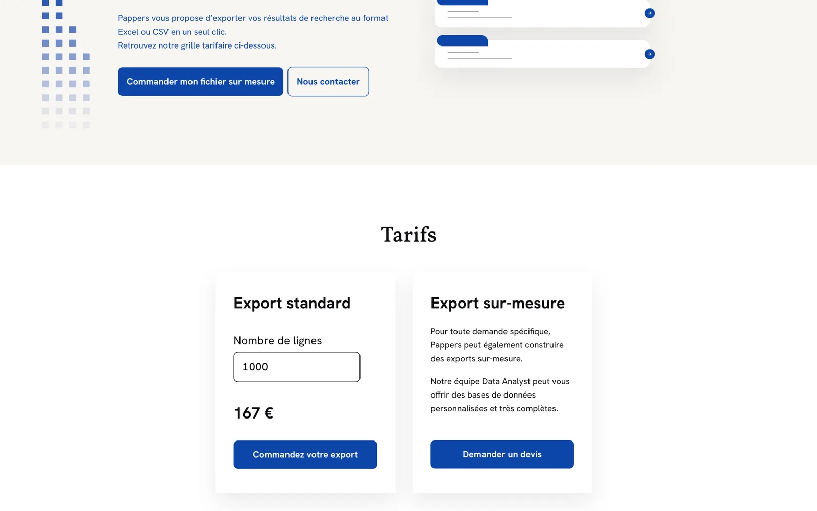 La section « Tarifs » de la page exports : l'export standard, 167 € pour 1 000 lignes, et l'export sur mesure, sur devis.