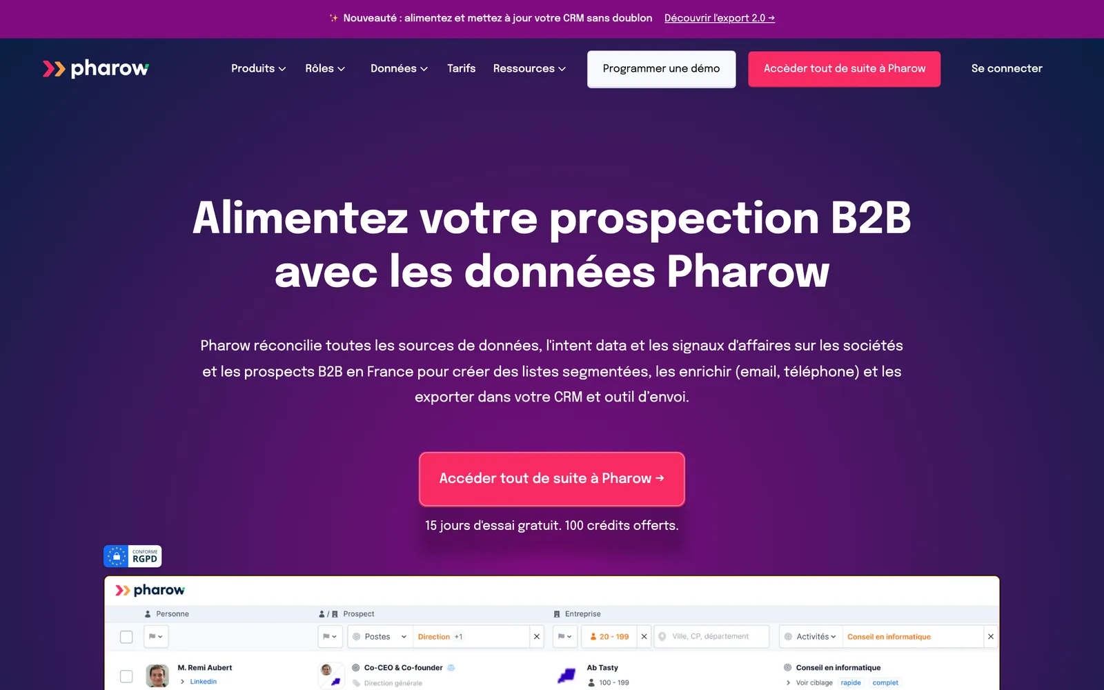 L'essai annoncé sur la page d'accueil de Pharow, le 4 octobre 2026 : 15 jours et 100 crédits offerts.