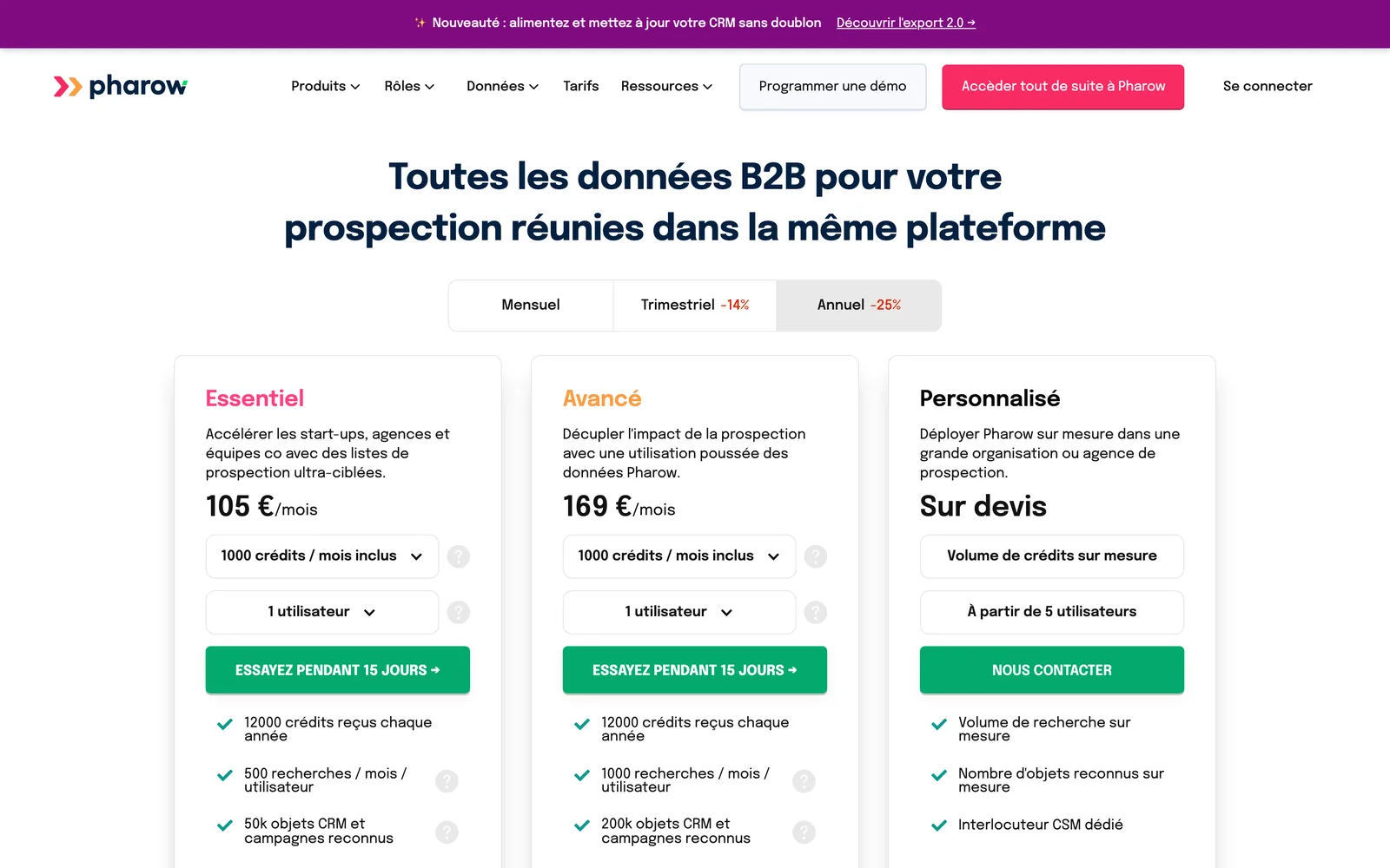 La page tarifs de Pharow le 4 octobre 2026, onglet annuel : 105 € HT par mois pour l'Essentiel et 12 000 crédits par an.