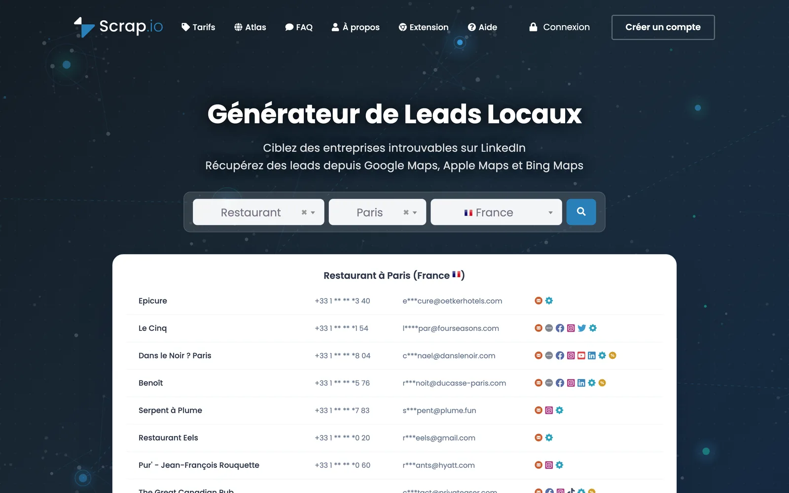 Sur l'accueil de Scrap.io, le 4 octobre 2026 : une recherche « Restaurant, Paris » et ses résultats, numéros et emails masqués.
