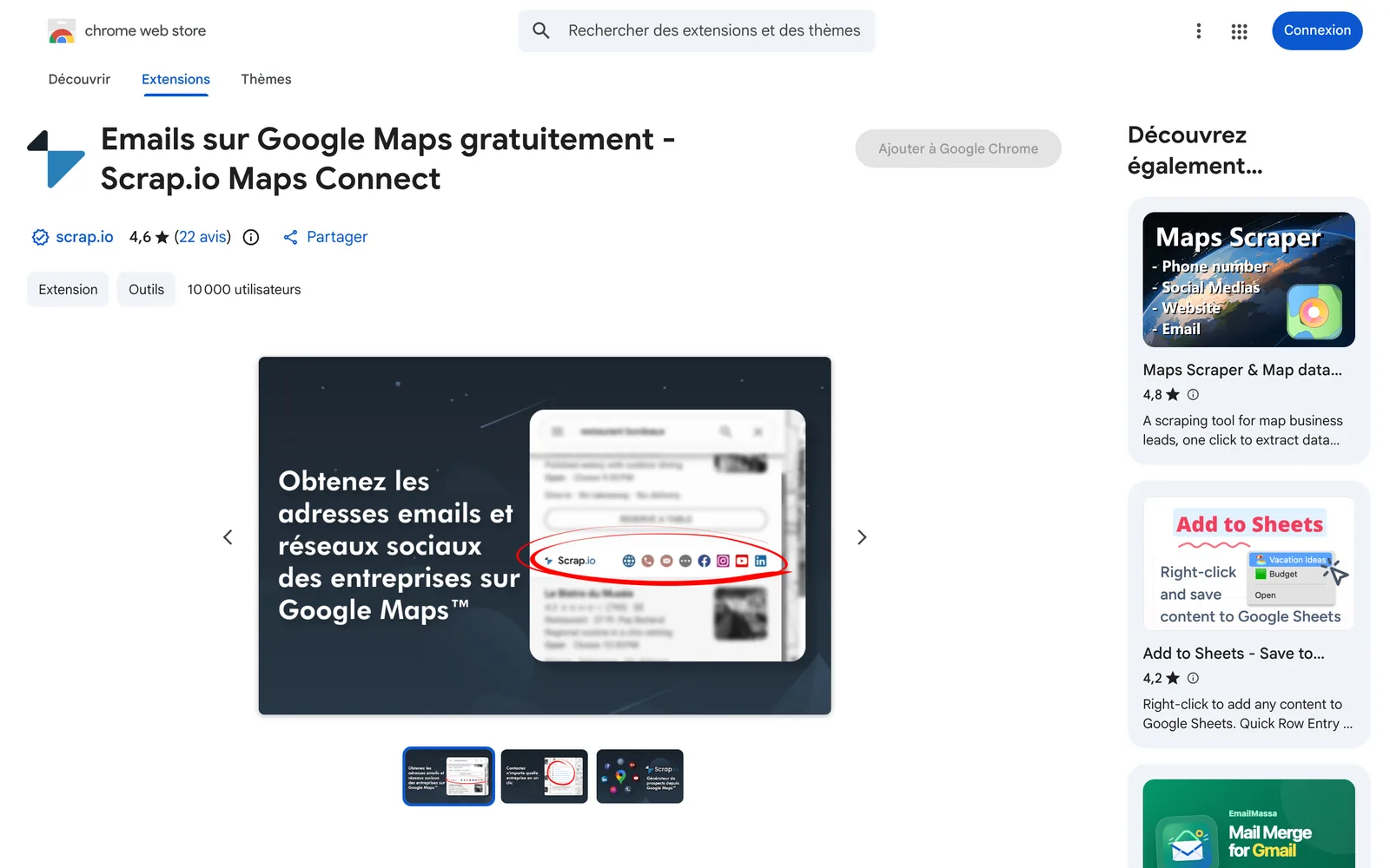 Maps Connect sur le Chrome Web Store : « Emails sur Google Maps gratuitement », 4,6 étoiles et 10 000 utilisateurs, le 4 octobre 2026.