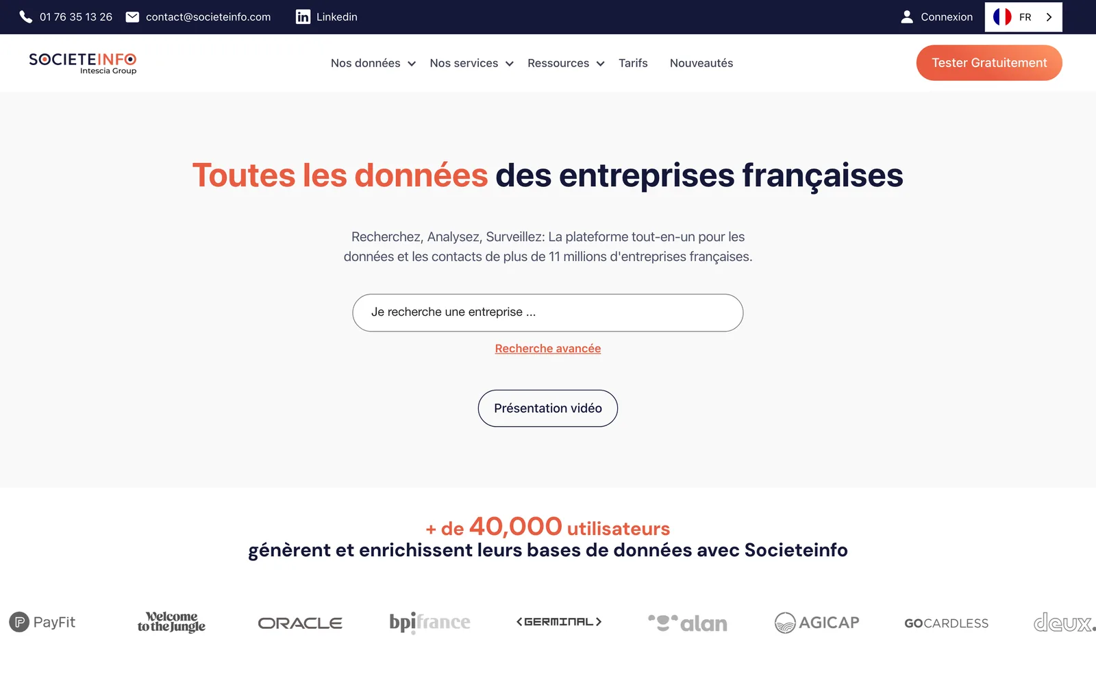 L'accueil de Societeinfo le 4 octobre 2026 : une barre de recherche d'entreprise et plus de 11 millions de sociétés annoncées.