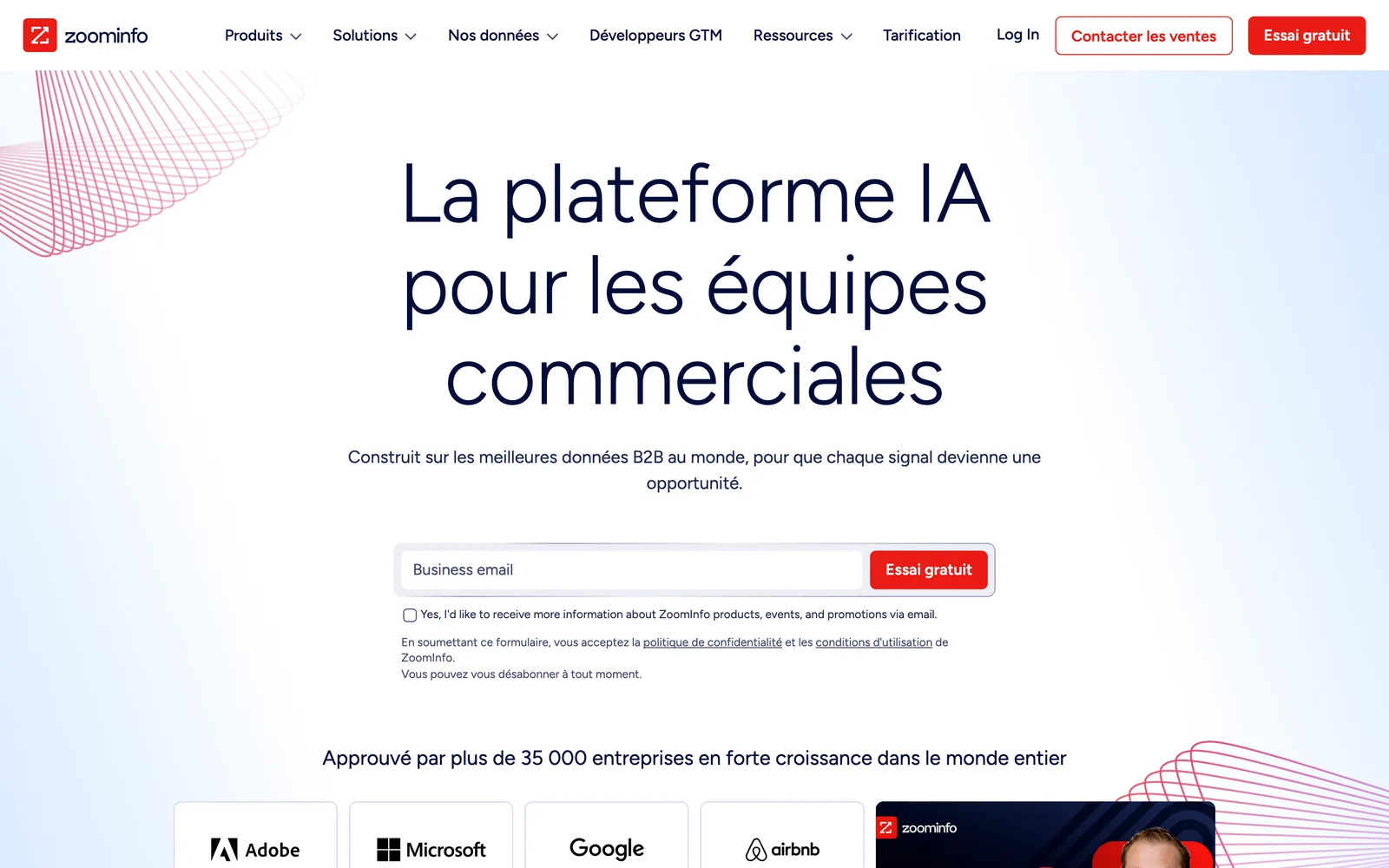 ZoomInfo en français, accueil relevé le 4 octobre 2026 : un essai qui démarre par un email professionnel, et plus de 35 000 entreprises revendiquées.