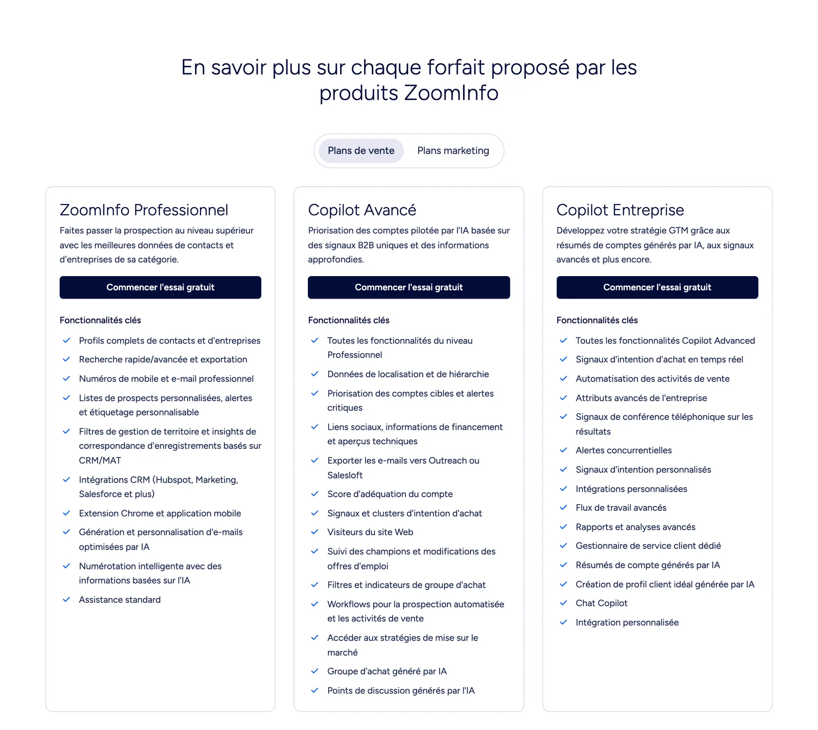 Les offres de vente sur la page tarifs française de ZoomInfo, le 4 octobre 2026 : Professionnel, Copilot Avancé, Copilot Entreprise. Un essai pour chacune, un prix pour aucune.
