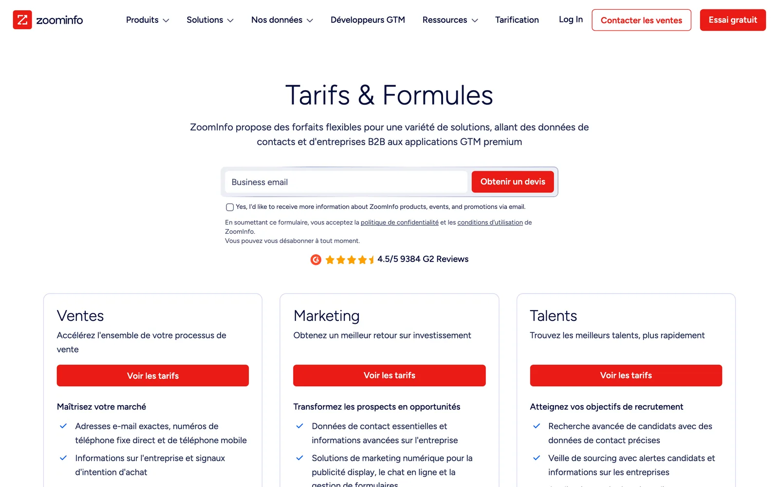 Les tarifs de ZoomInfo, version française, au 4 octobre 2026 : un bouton « Obtenir un devis », trois familles d'offres, aucun prix.